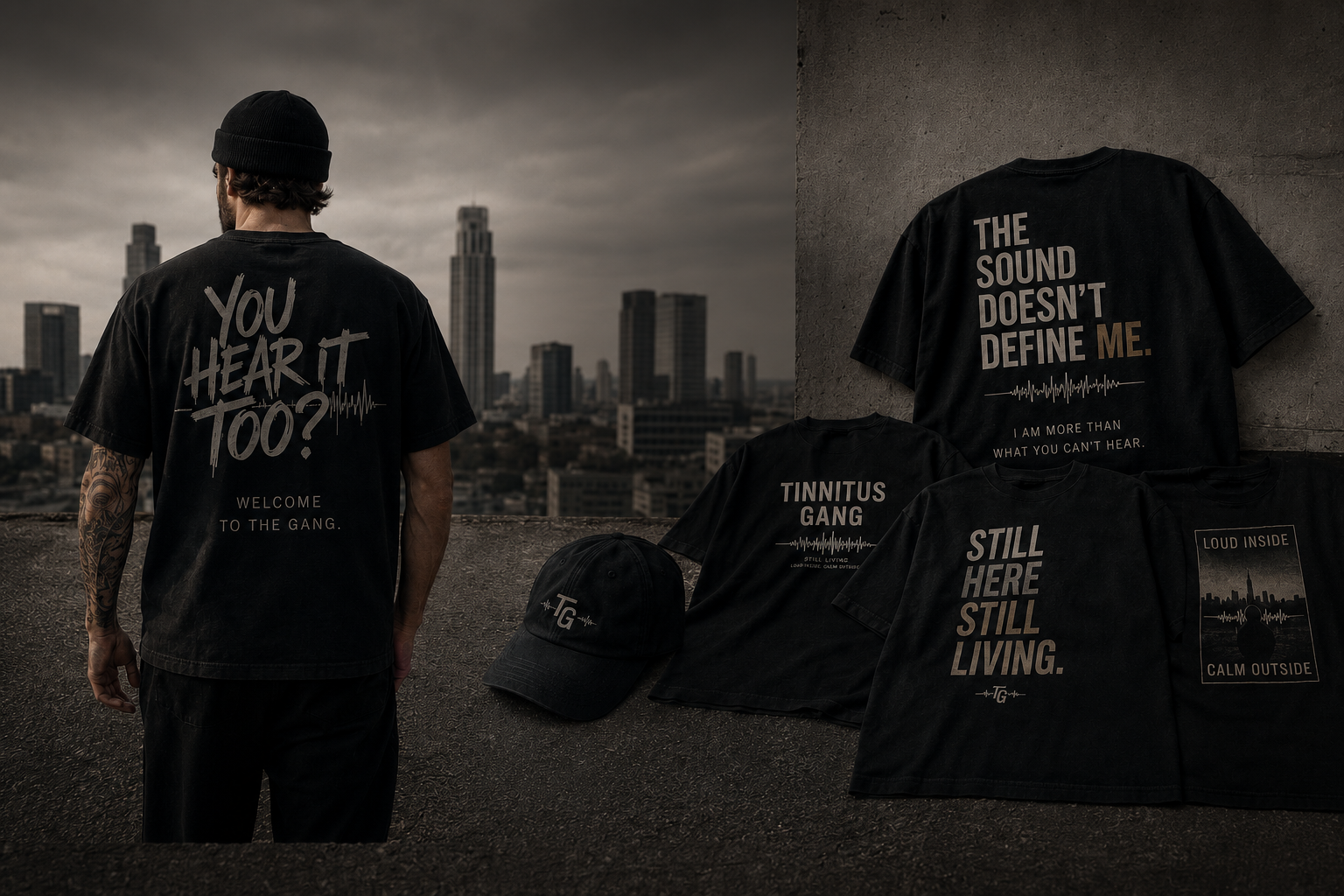 Tinnitus Gang campaign — black tees and cap on a rooftop above a grey city skyline